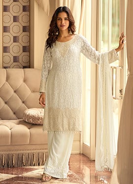 Off White Georgette Embellished Embroidered Sequins Palazzo Suit