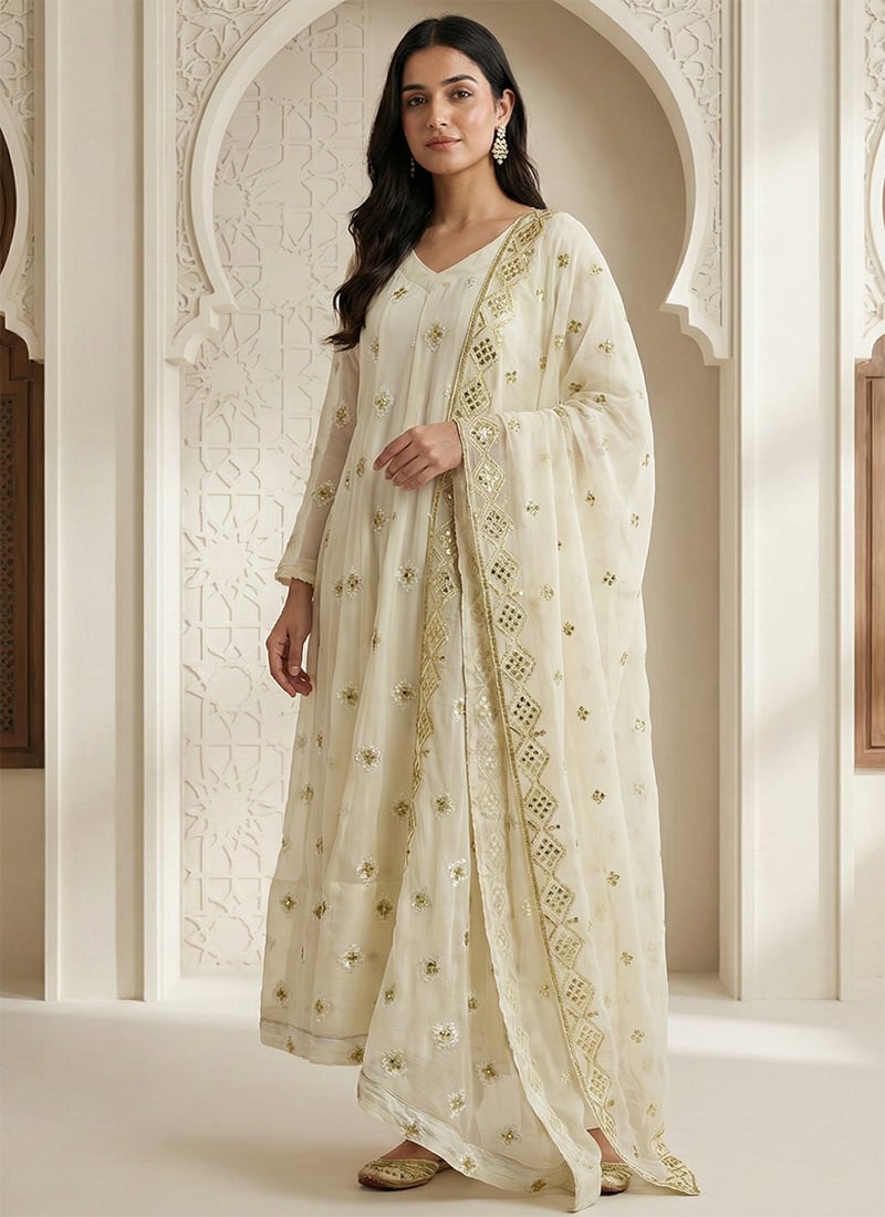 Off White Georgette Embroidered Anarkali Suit Festive Wear
