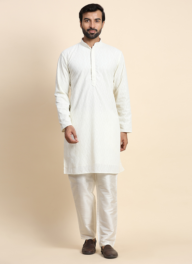 Off White Georgette Embroidered Kurta