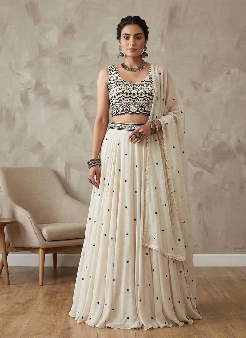 Off White Georgette Embroidered Lehenga Festive Wear