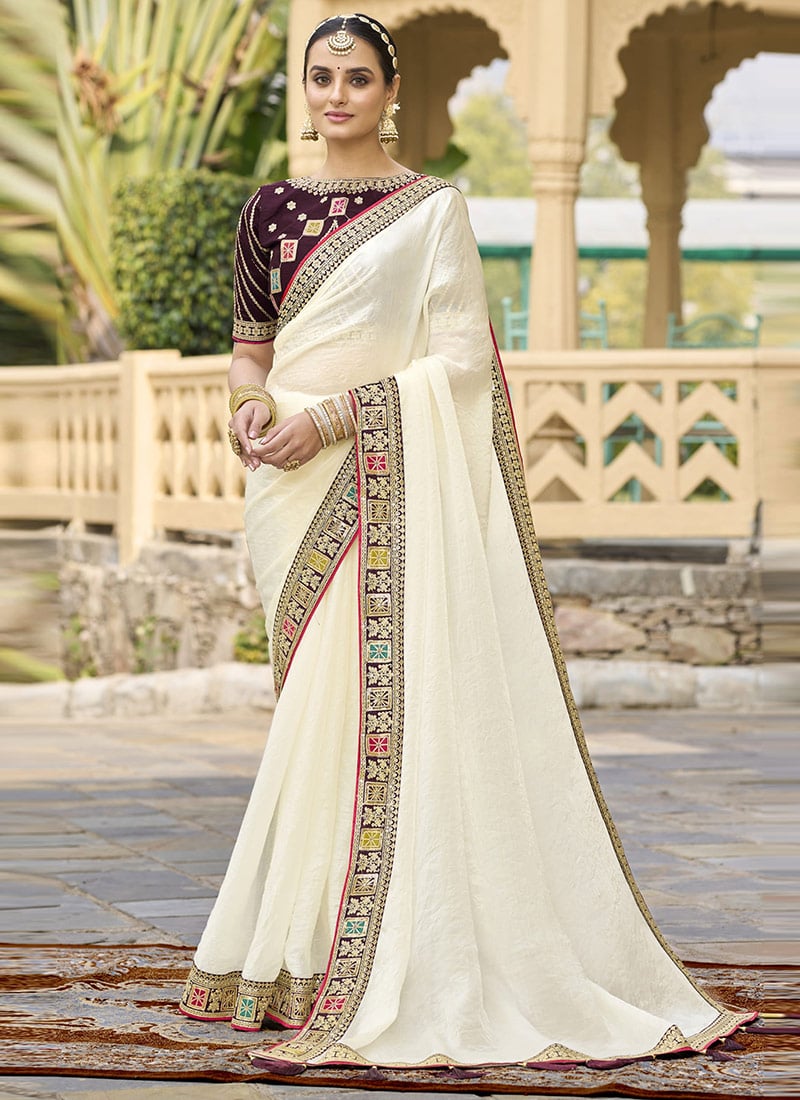 Off White Georgette Embroidered Saree Festive Wear