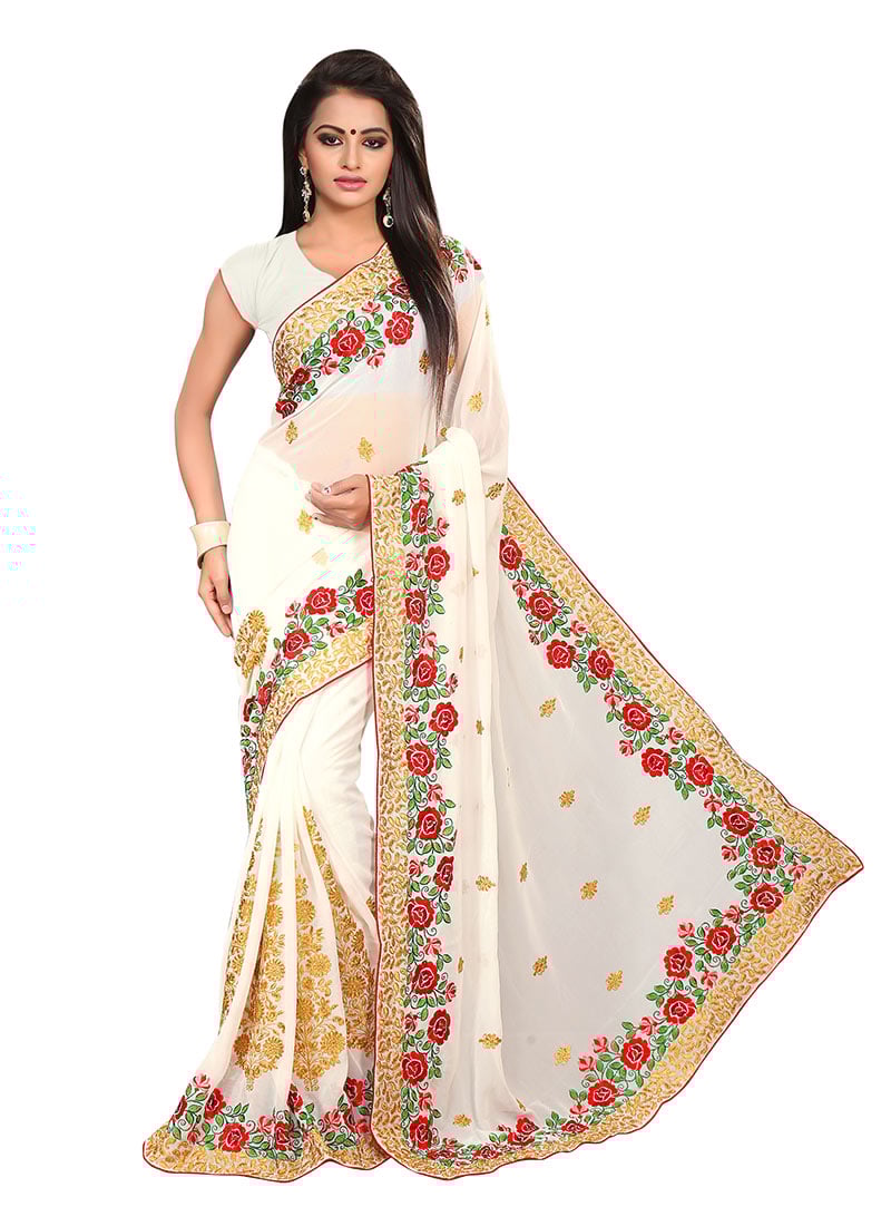 Off White Georgette Embroidered Saree Party Wear