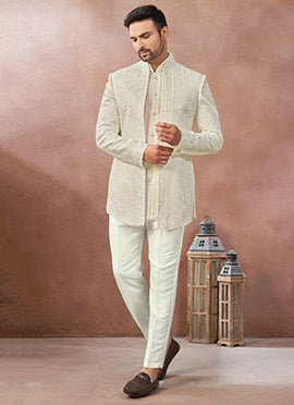 Off White Georgette Embroidered Sequin Open Jodhpuri Indo Western Sherwani