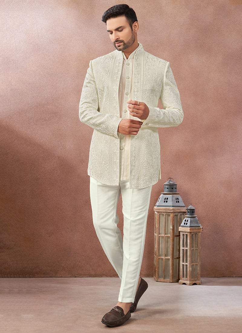Off White Georgette Embroidered Sequin Open Jodhpuri Indo Western Sherwani Wedding Wear