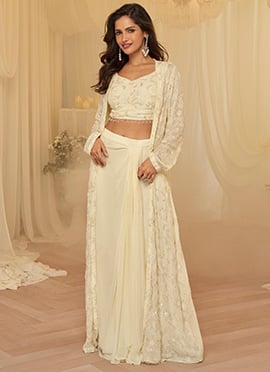 Off White Georgette Embroidered Sequins Beads Stones Indowestern Set