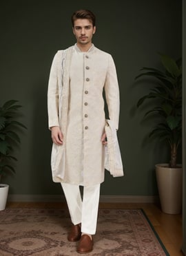 Off White Georgette Embroidered Sequins Classic Sherwani