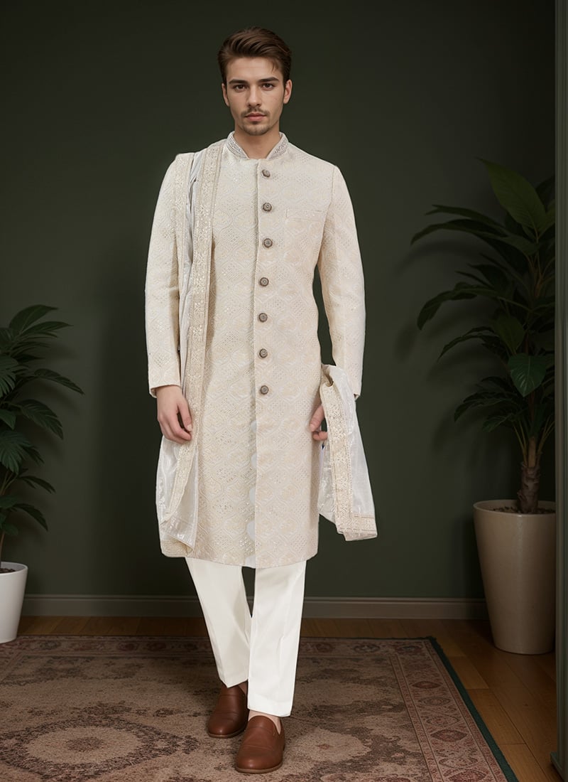 Off White Georgette Embroidered Sequins Classic Sherwani Wedding Wear