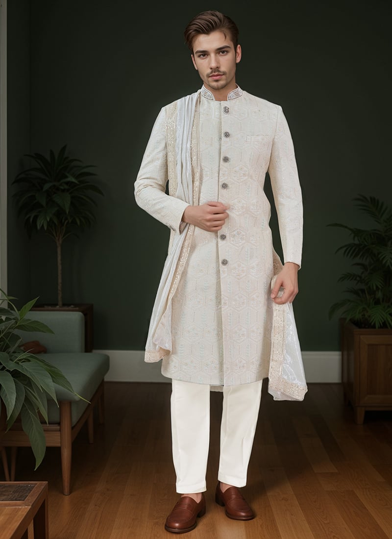Off White Georgette Embroidered Sequins Classic Sherwani Wedding Wear