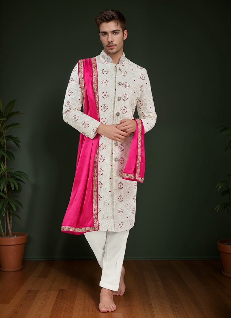 Off White Georgette Embroidered Sequins Classic Sherwani Wedding Wear