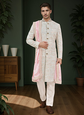 Off White Georgette Embroidered Sequins Classic Sherwani