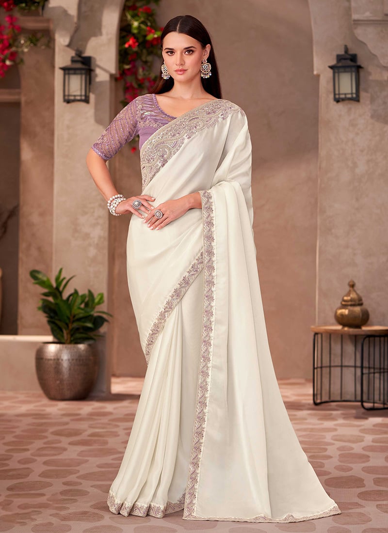 Off White Georgette Embroidered Sequins Cut Work Saree Festive Wear