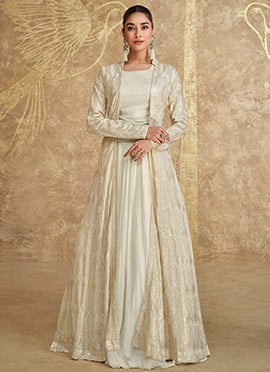 Off White Georgette Embroidered Sequins Gorgeous Indowestern Jacket Lehenga
