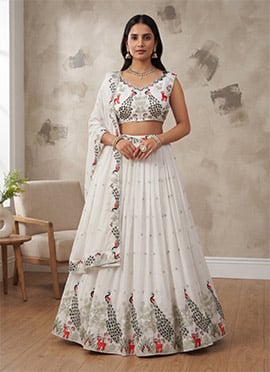Off White Georgette Embroidered Sequins Lehenga