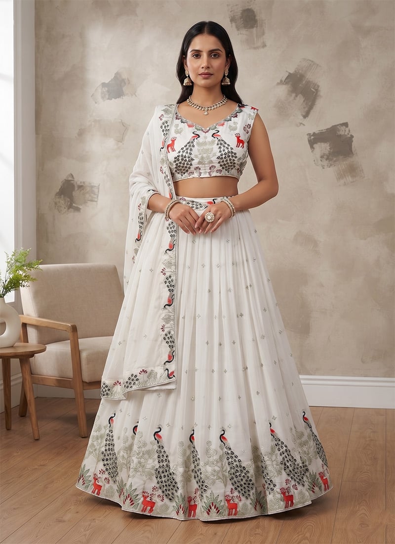 Off White Georgette Embroidered Sequins Lehenga Wedding Wear