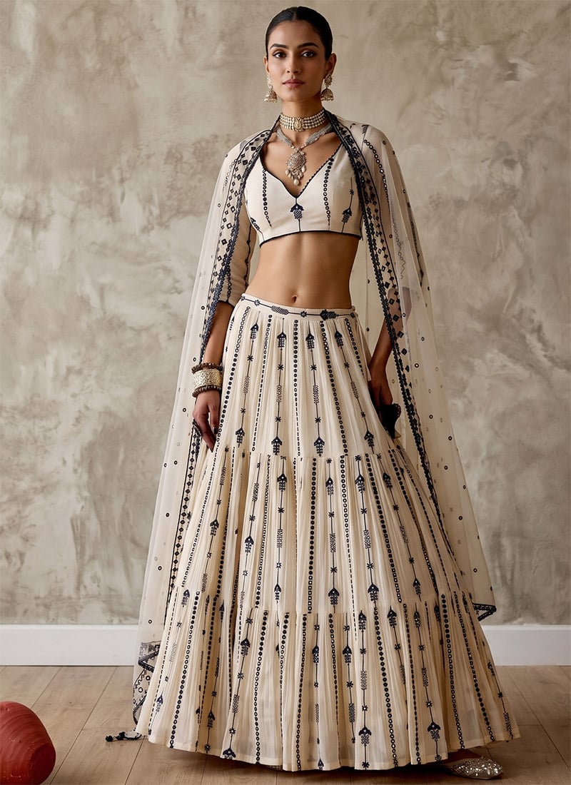 Off White Georgette Embroidered Sequins Lehenga After Six Wear