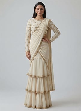 Off White Georgette Embroidered Sequins Lehenga Saree