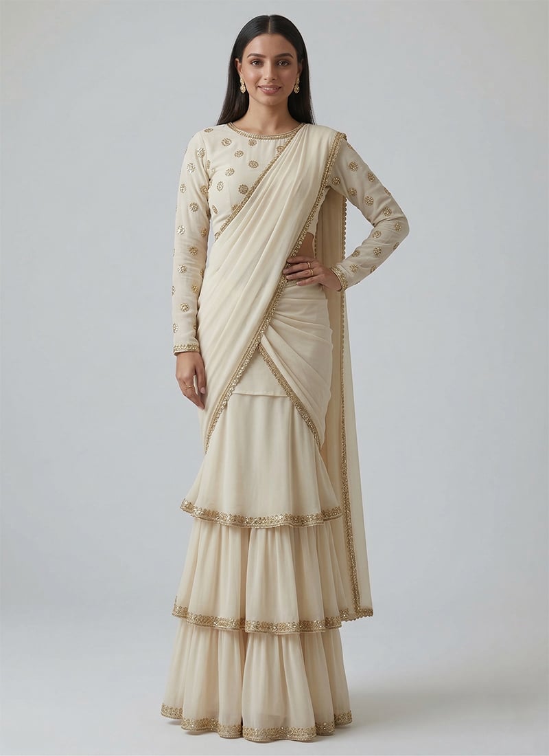 Off White Georgette Embroidered Sequins Lehenga Saree Festive Wear