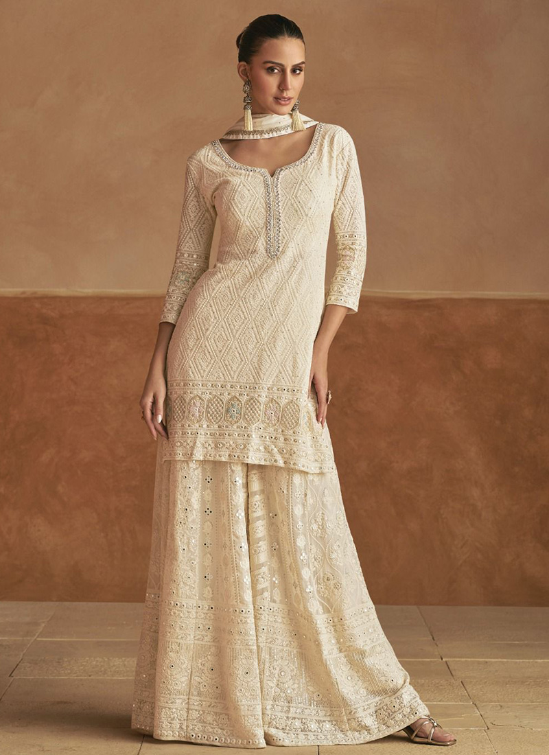 Off White Georgette Embroidered Sequins Mirror Work Thread Palazzo Suit Festive Wear