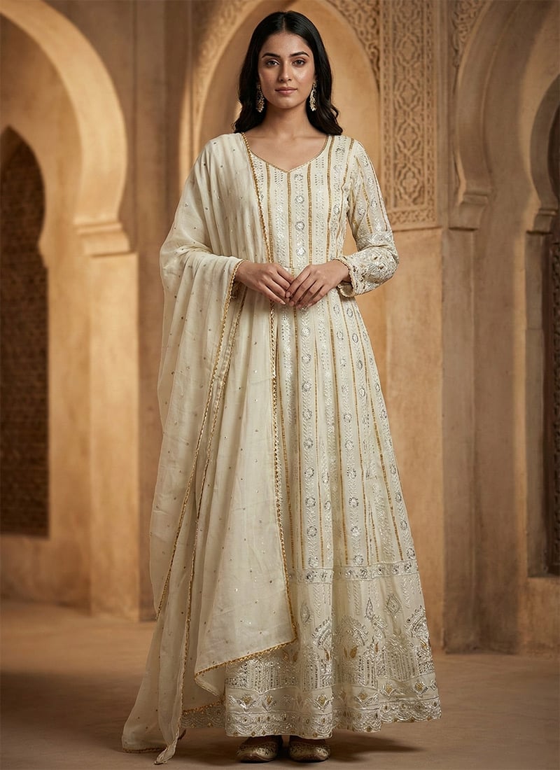 Off White Georgette Embroidered SequinsAnarkali Suit Festive Wear