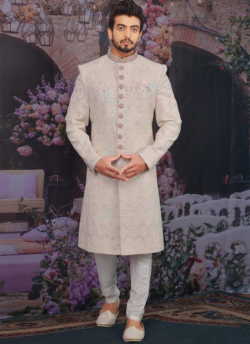 Off White Georgette Indowestern Sherwani Wedding Wear