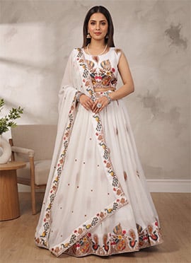 Off White Georgette Multicolor Embroidered Sequins Lehenga
