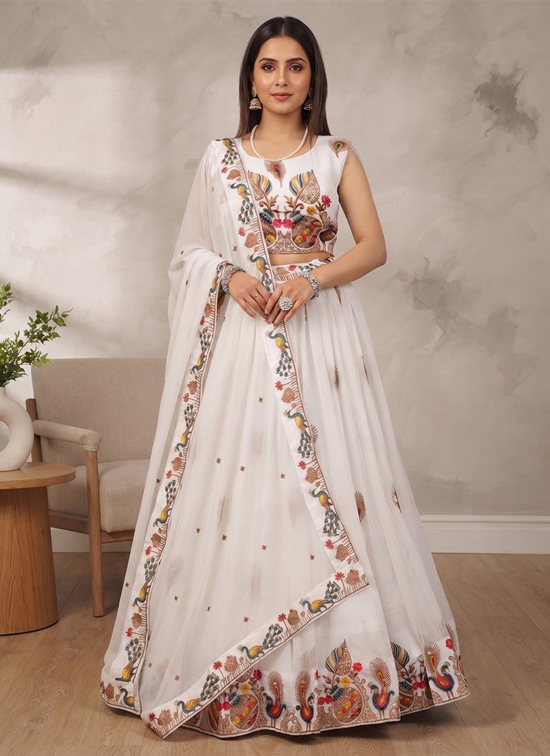 Off White Georgette Multicolor Embroidered Sequins Lehenga Wedding Wear