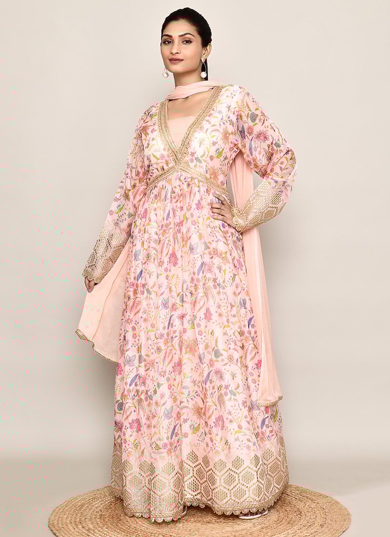 Off White Georgette Printed Embroidered Sequins Anarkali Suit Festive Wear
