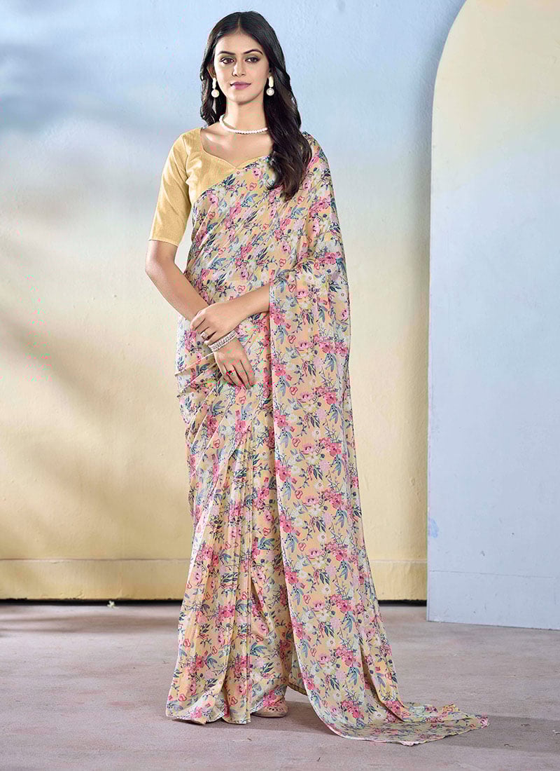 Off White Georgette Printed Saree After Six Wear
