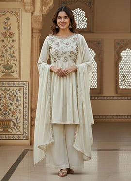 Off White Georgette Resham Sequins Palazzo Suit