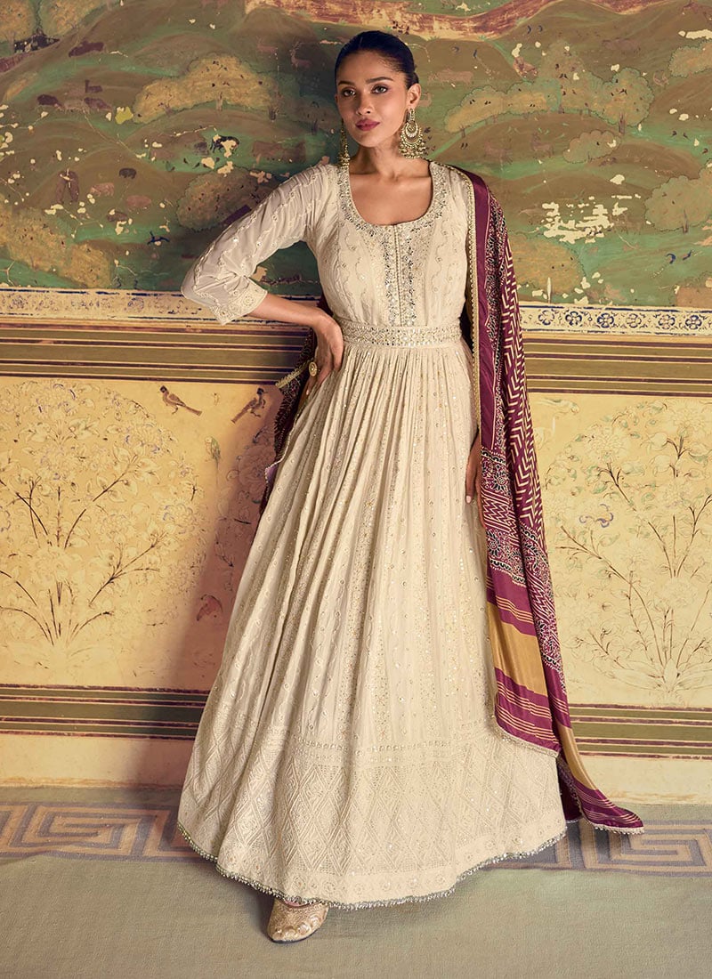 Off White Georgette Sequins A Line Anarkali Suit Festive Wear