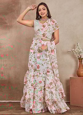 Off White Georgette Sequins Digital Print A Line Lehenga