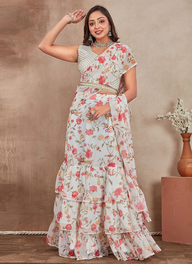 Off White Georgette Sequins Digital Print A Line Lehenga Festive Wear