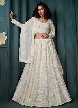 Off White Georgette Thread Embroidered Sequins Lehenga