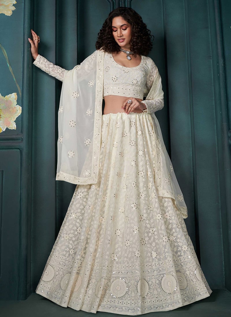 Off White Georgette Thread Embroidered Sequins Lehenga Wedding Wear