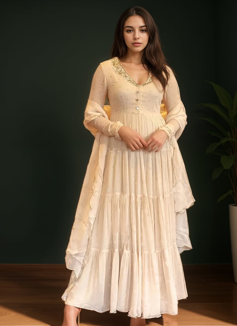 Off White Georgette Zardosi Sequins Hand Embroidered Anarkali Suit Festive Wear
