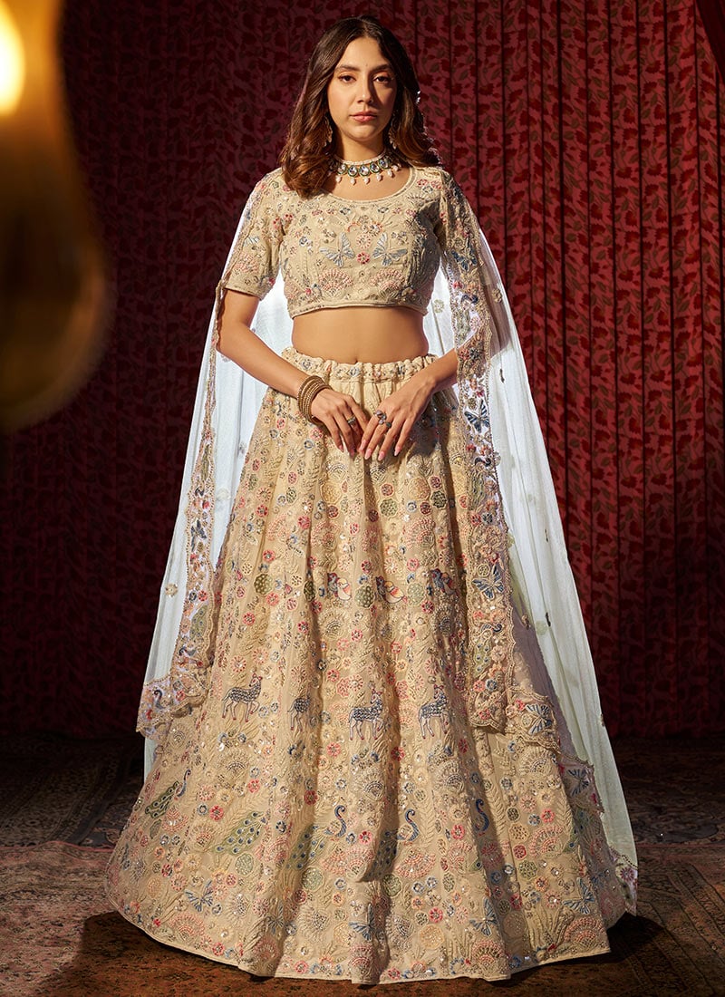 Off White Georgette Zari And Embroidered Thread Zarkan Dori Hand Work Umbrella Lehenga Wedding Wear
