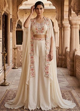 Off White Georgette Zari Embroidered Indowestern Palazzo Set With Jacket
