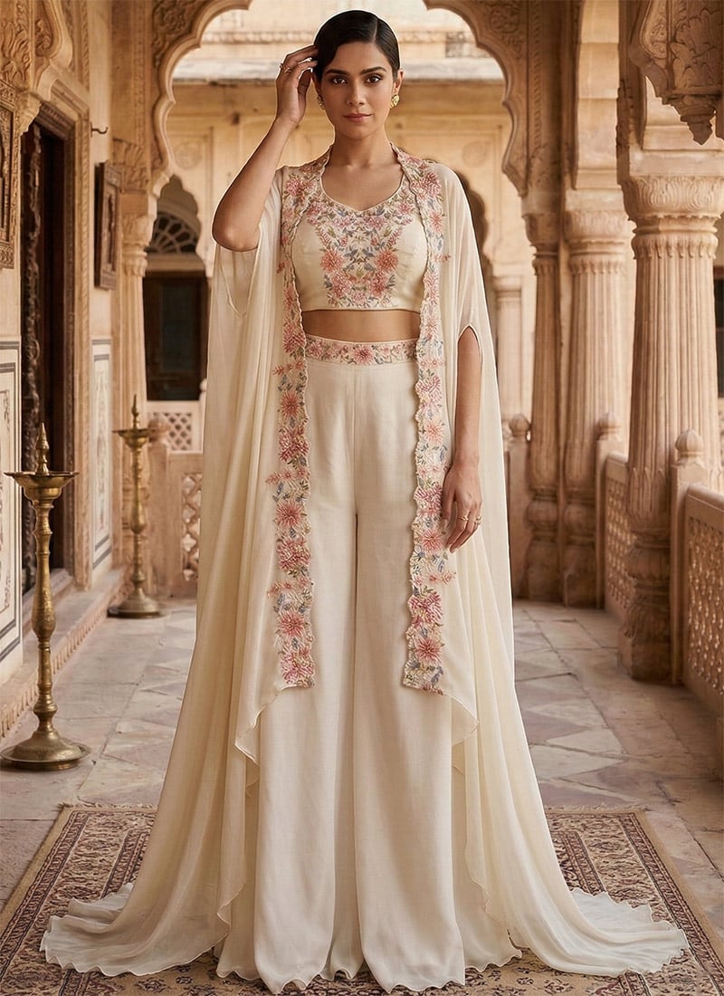 Off White Georgette Zari Embroidered Indowestern Palazzo Set With Jacket Wedding Wear