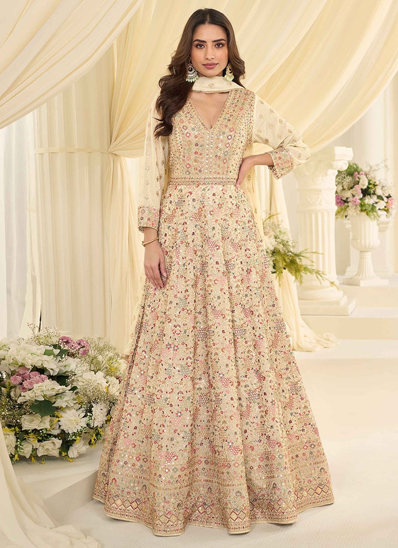 Off White Georgette Zari Embroidered Sequins With Stone A Line Anarkali Suit Wedding Wear