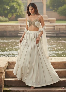 Off White Georgette Zari Hand Embroidered Sequins With Stone Work Lehenga