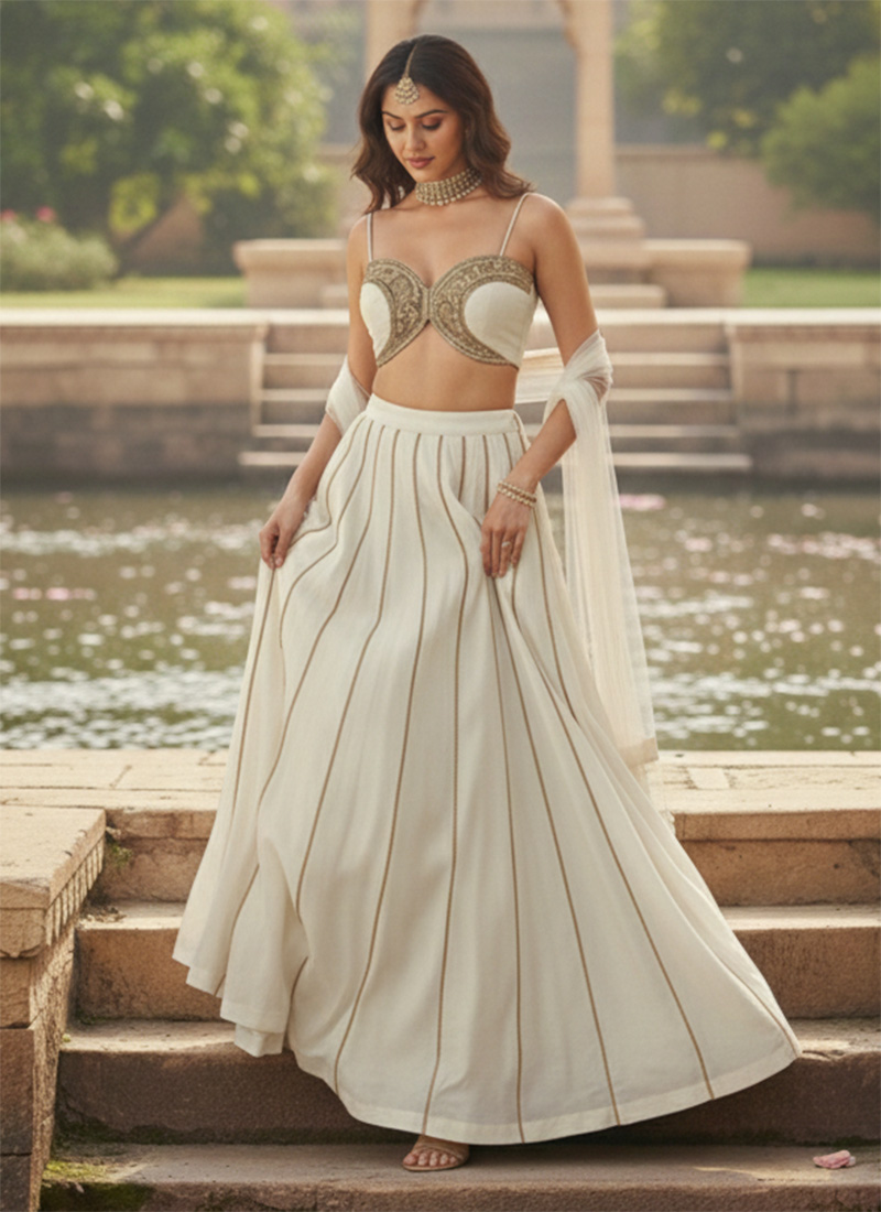 Off White Georgette Zari Hand Embroidered Sequins With Stone Work Lehenga Wedding Wear