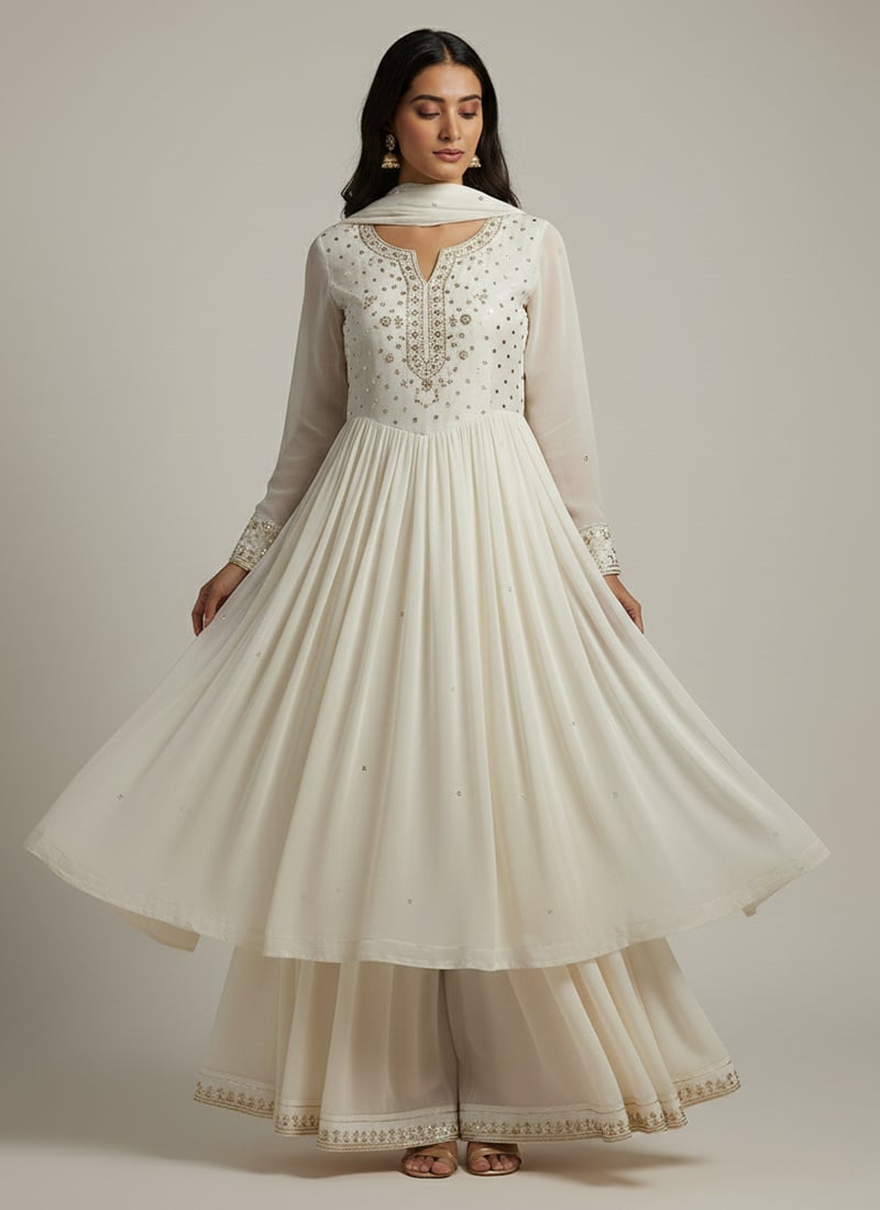 Off White Georgette Zari Sequins Anarkali Suit Festive Wear