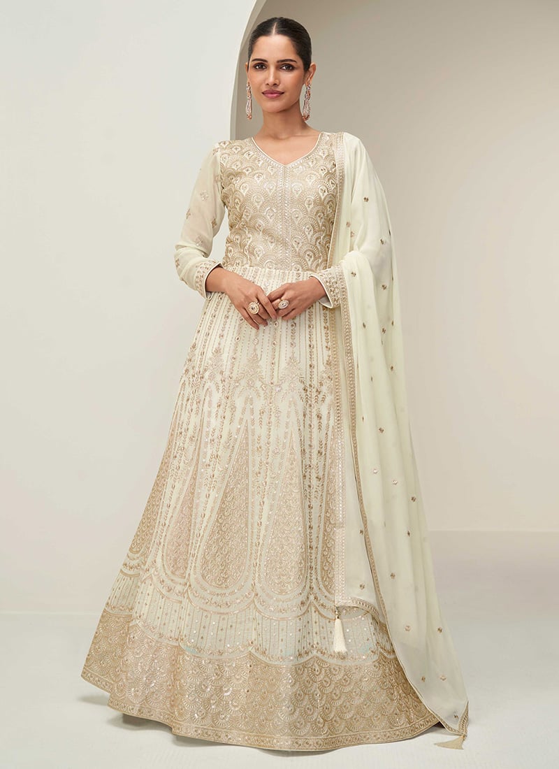 Off White Georgette Zari Sequins Embroidered A Line Anarkali Suit Festive Wear