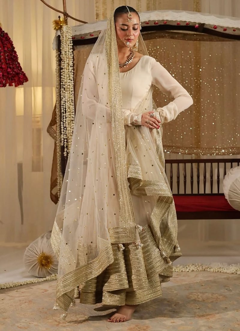 Off White Georgette Zari Sequins Embroidered Anarkali Suit Festive Wear