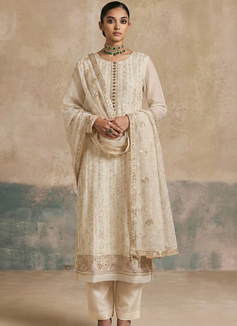Off White Georgette Zari Sequins Embroidered Pakistani Straight Pant Suit Festive Wear