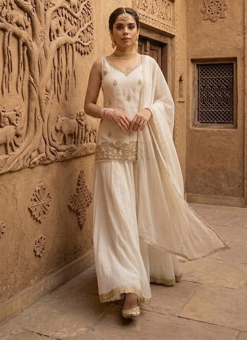 Off White Georgette Zari Sequins Palazzo Suit Festive Wear