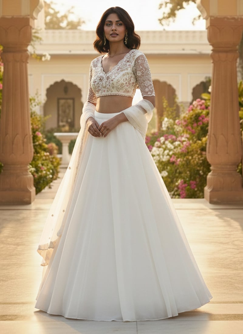 Off White Georgette Zari Stone Hand Embroidered Lehenga  Wedding Wear
