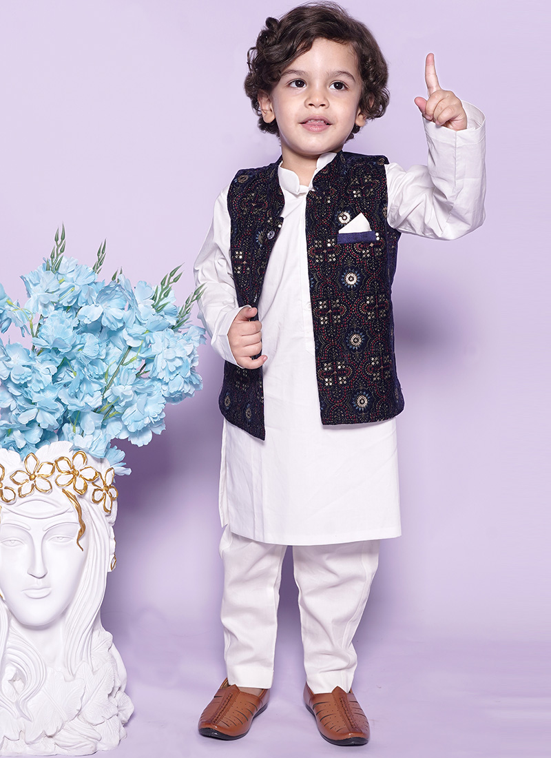 Off White Glace Cotton Embroidered Classy Bandi Set For Kids Boys Festive Wear