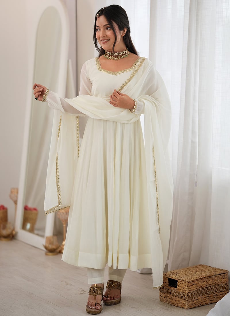 Off White Gota Beads Mirror Work Chanderi Anarkali Suit Festive Wear