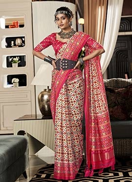 Off White Handloom Silk Patola Print Saree